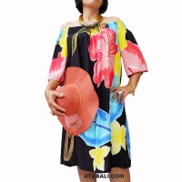 Poncho Top Dress Black Sabrina Style Handpainting Red Flower Made in Bali